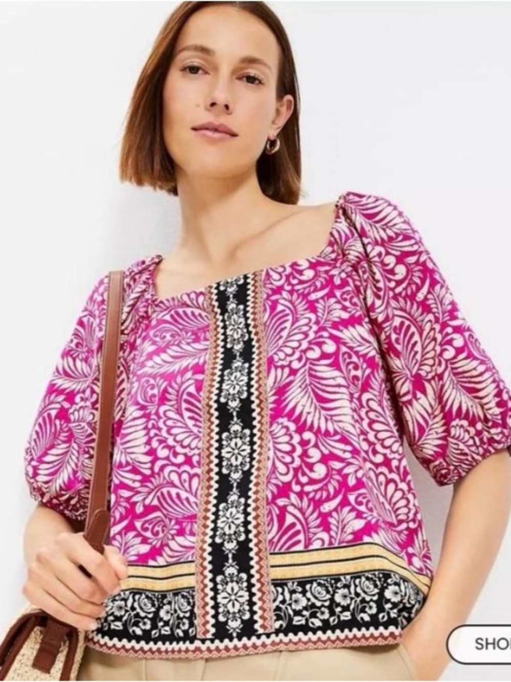 Loft fuchsia floral square-neck bubble sleeve blouse